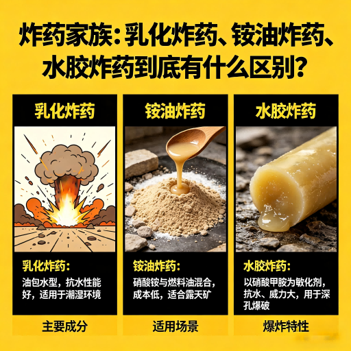 越城炸药家族：乳化炸药、铵油炸药、水胶炸药到底有什么区别？